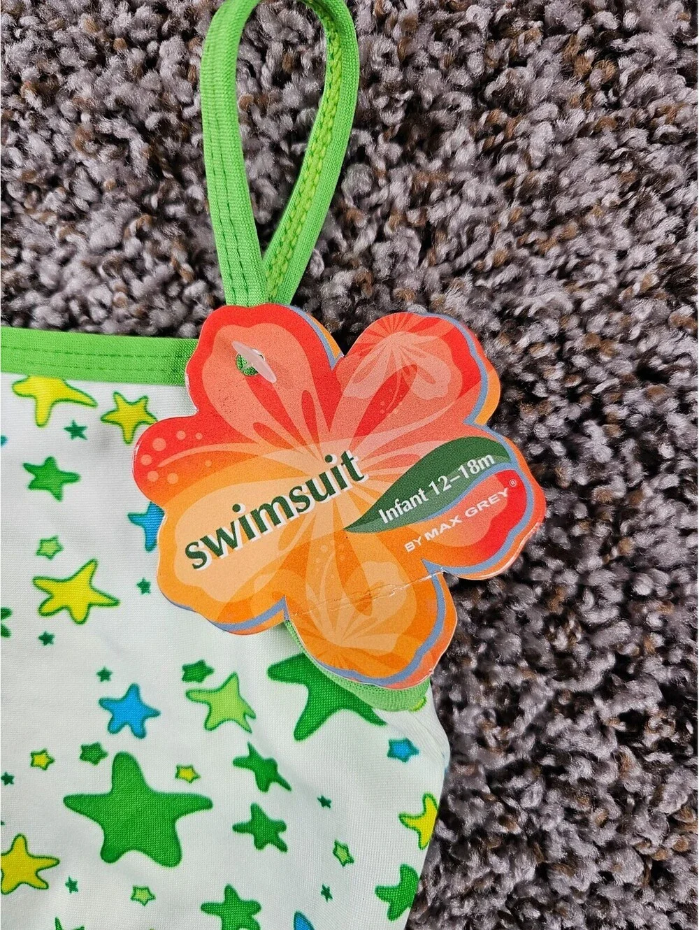 Max Grey Baby Girls Sz 12-18M One Piece Swimsuit Green White Star Print NEW
